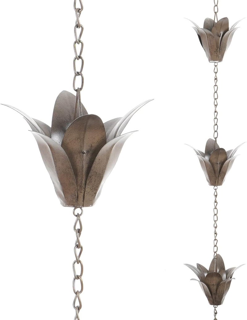 DUSVALLY Rain Chain, 7.88 FT Metal Flower Rain Chain, Functional and Decorative Replacement for Gutter Downspouts, Adjustable, Antique Silver - Image 1